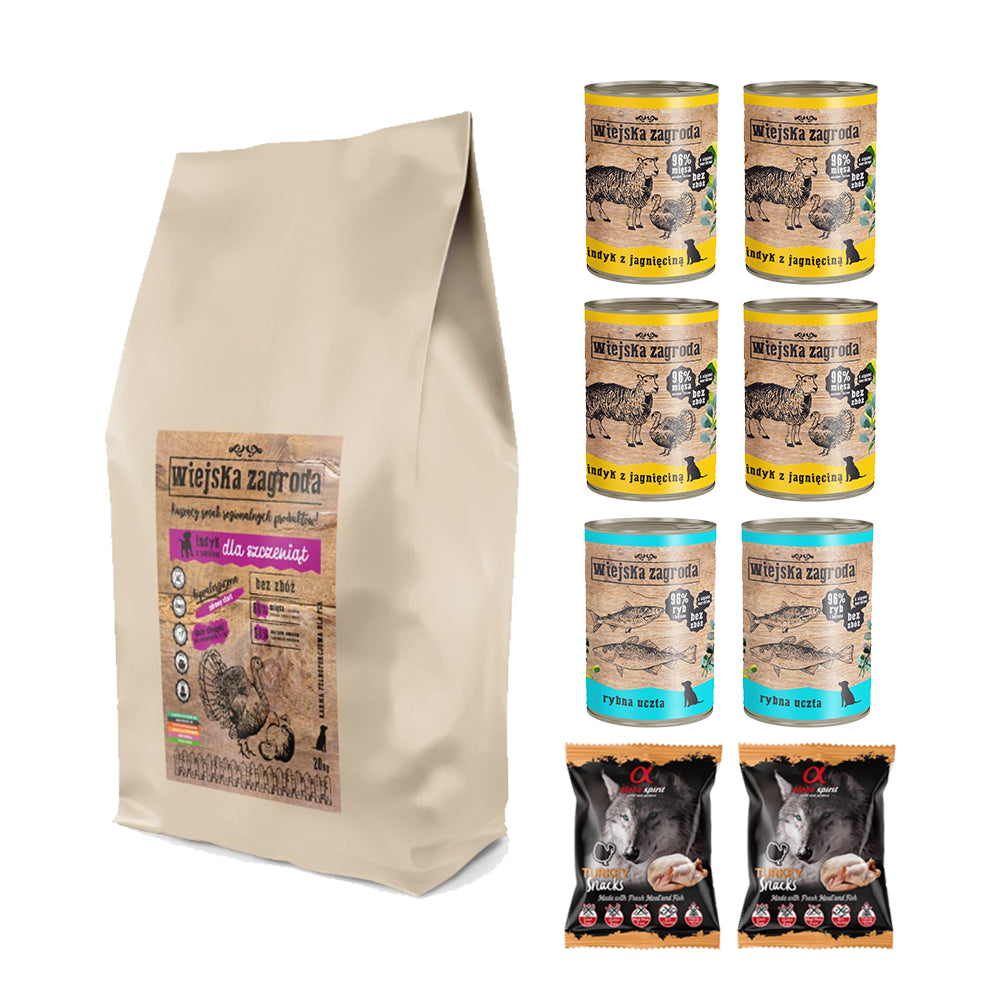 Pakiet Wiejska Zagroda Indyk z Jabłkiem dla Szczeniąt Dużych Ras 20 kg + 8 GRATISÓW