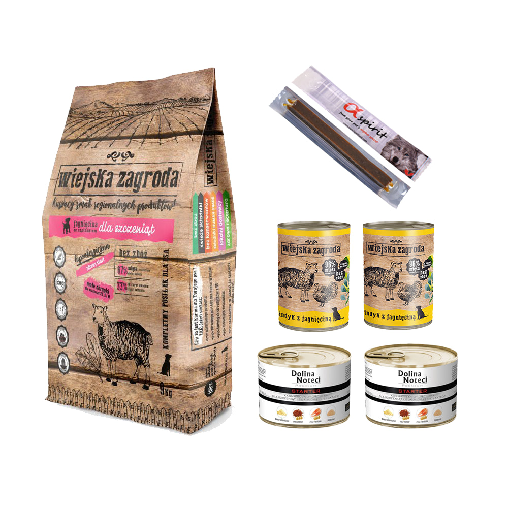 Pakiet Wiejska Zagroda Jagnięcina ze Szpinakiem dla Szczeniąt 9 kg + 6 GRATISÓW