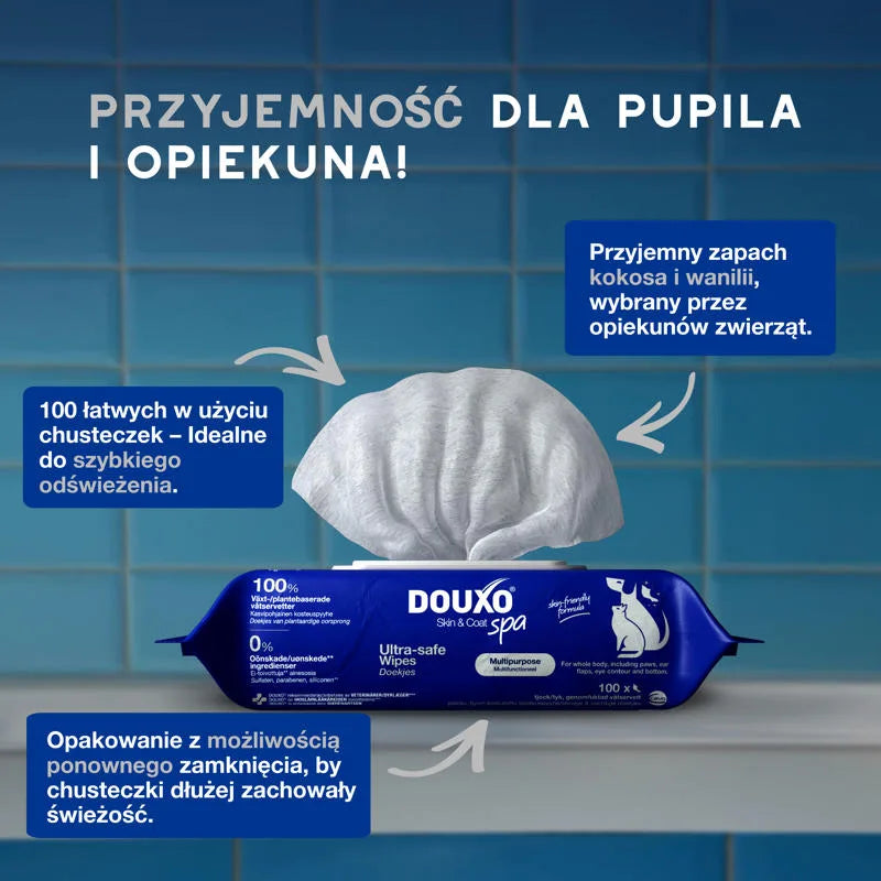DOUXO Skin &amp; Coat SPA Wipes 100sztuk ultrabezpieczne wielofunkcyjne chusteczki dla psów i kotów