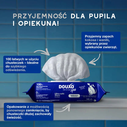 DOUXO Skin &amp; Coat SPA Wipes 100sztuk ultrabezpieczne wielofunkcyjne chusteczki dla psów i kotów
