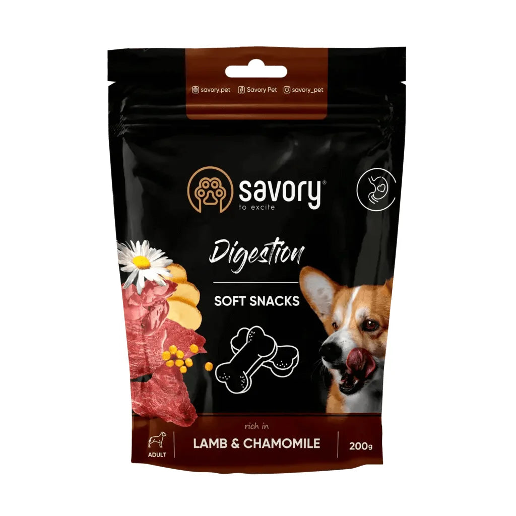 Savory Dog Soft Snacks Digestion Lamb&Chamomile Miękkie Przysmaki Delikatny Układ Trawienny z Jagnięciną i Rumiankiem Dla Psów 200 g