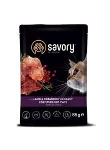 Savory Cat Adult Sterilised Lamb&Cranberries Gravy Karma Mokra Dla Kotów Po Sterylizacji i Kastracji z Jagnięciną i Żurawiną w Sosie 85 g