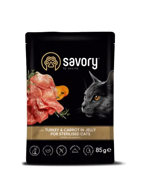 Savory Cat Adult Sterilised Turkey&Carrots Jelly Karma Mokra Dla Kotów Po Sterylizacji i Kastracji z Indykiem i Marchewką w Galaretce 85 g