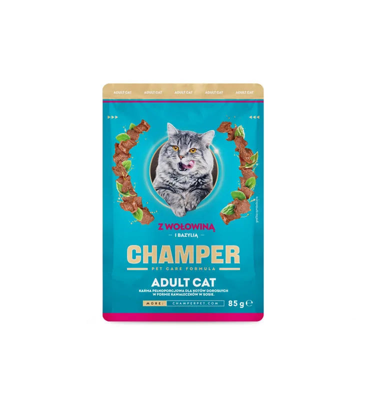 CHAMPER Wołowina i bazylia w sosie 85g karma mokra dla kotów dorosłych