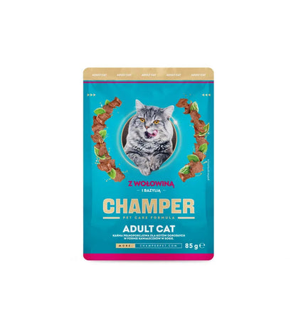 CHAMPER Wołowina i bazylia w sosie 85g karma mokra dla kotów dorosłych