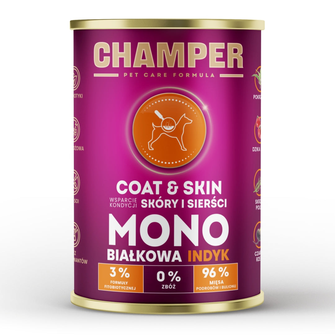 CHAMPER Coat&Skin Monobiałkowa Indyk 400g karma mokra dla psów dorosłych