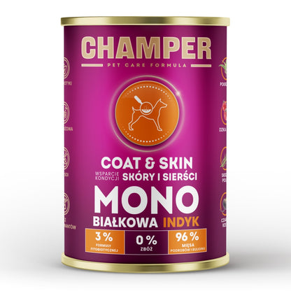 CHAMPER Coat&Skin Monobiałkowa Indyk 400g karma mokra dla psów dorosłych