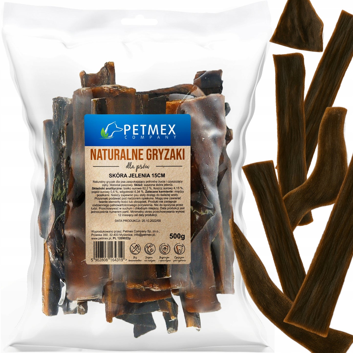 Przysmak Naturalny gryzak dla psa Suszona Skóra Jelenia 15cm Petmex 500g