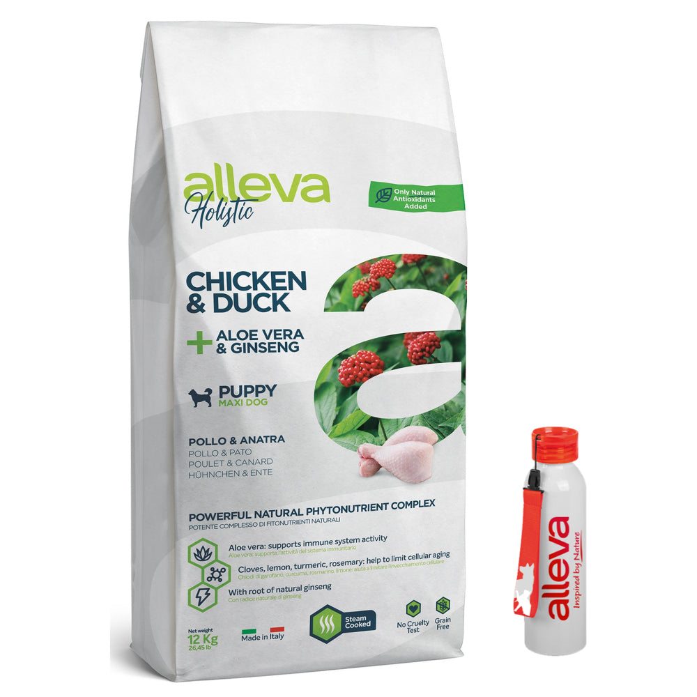 Pakiet Alleva Holistic Sucha Kama Dla Szczeniąt Dużych Ras Oraz Suk Karmiących I W Ciąży Z Kurczakiem I Kaczką Z Dodatkiem Aloesu I Korzenia Żeń-szenia 12 kg + Bidon GRATIS!