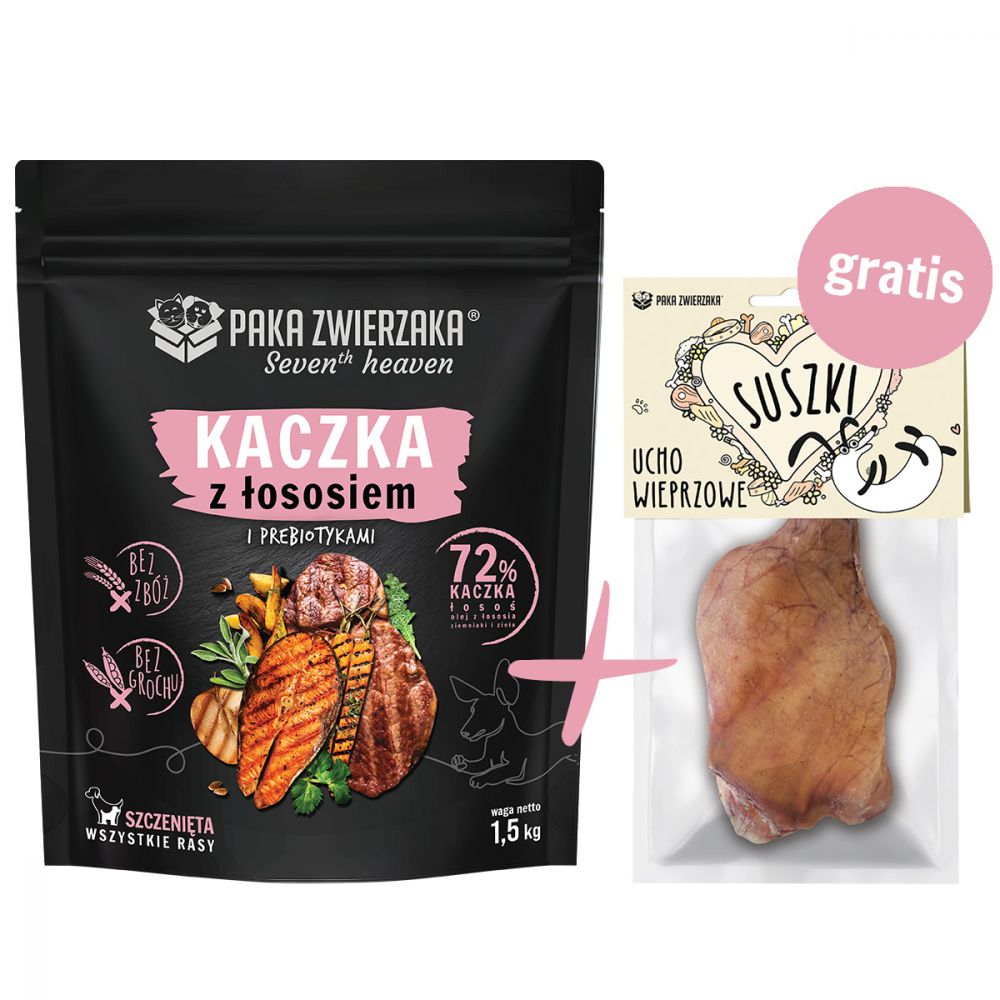 Pakiet Paka Zwierzaka Seventh Heaven Duck&Salmon Sucha Karma Dla Szczeniąt Kaczka Z Łososiem 1,5 kg + Ucho Wieprzowe GRATIS!