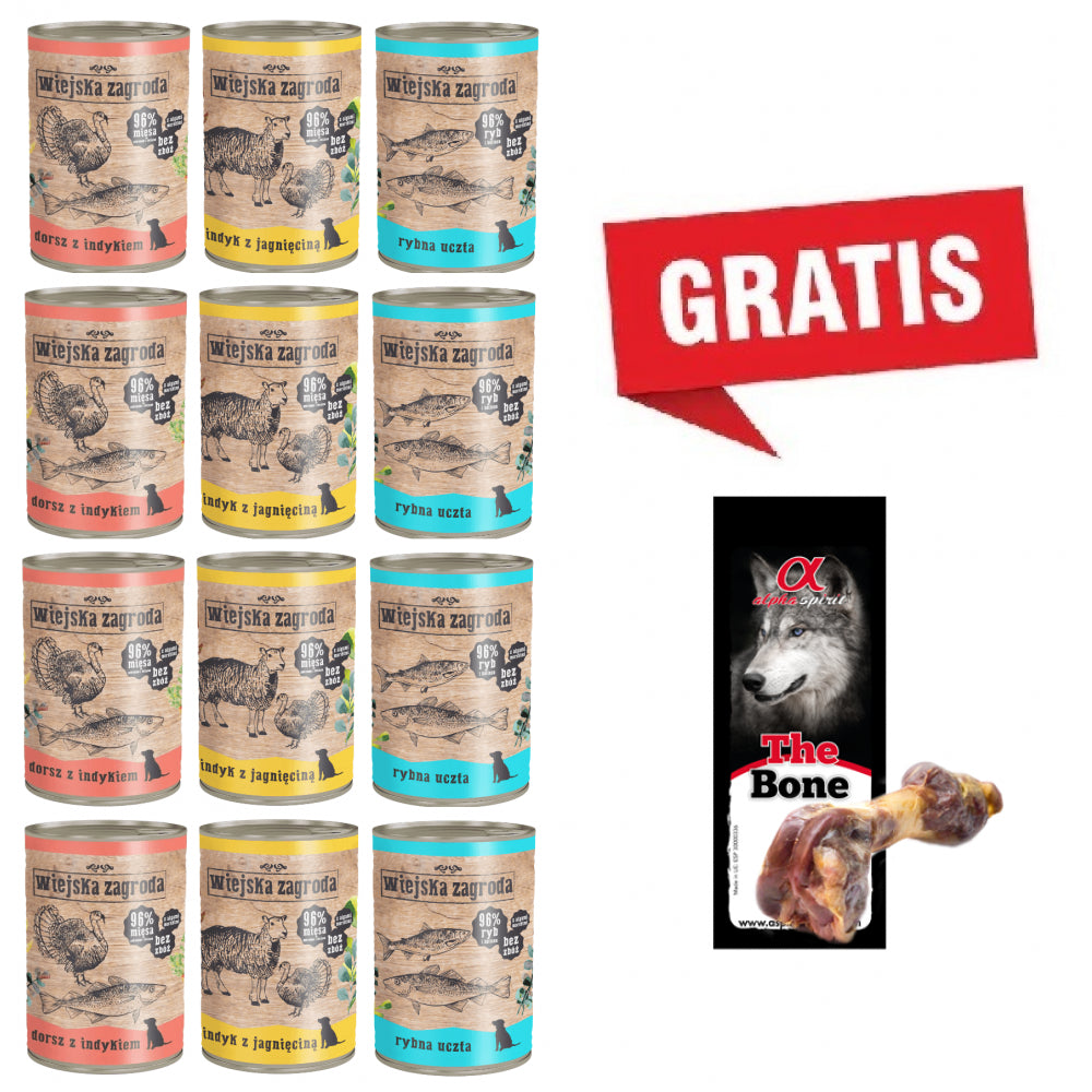 Pakiet Wiejska Zagroda Mix Smaków 12 x 400 g + Noga Hiszpańska nr 2 Gratis