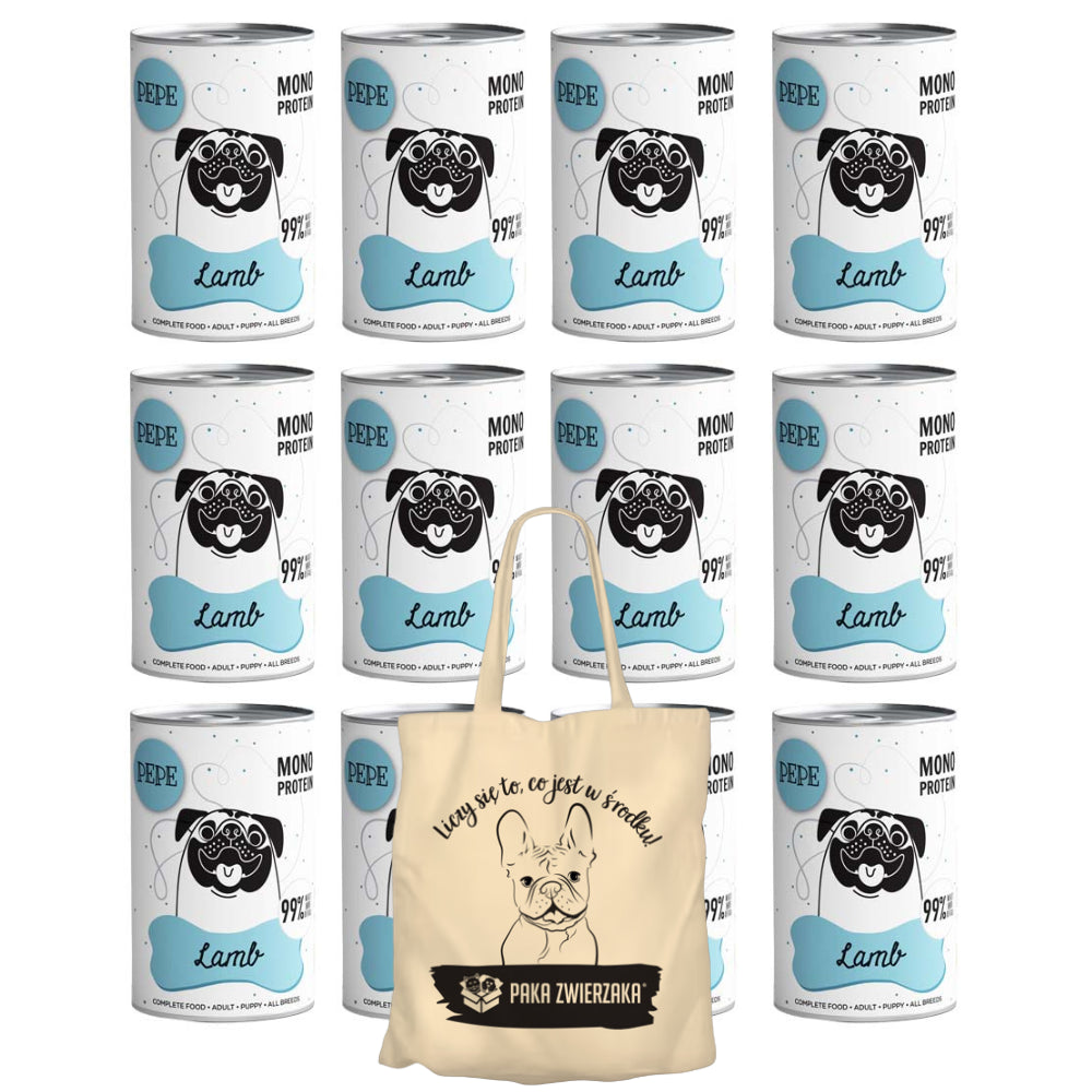 Pakiet Paka Zwierzaka Pepe Monoproteinowa Karma Dla Psa Jagnięcina 12 x 400 g + Torba Bawełniana GRATIS!