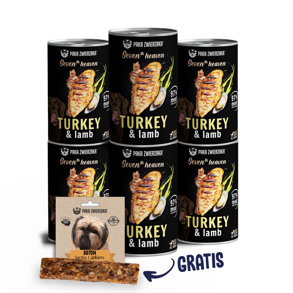 Pakiet Paka Zwierzaka Seventh Heaven Indyk z Jagnięciną Mokra Karma Dla Psa 6 x 400 g + Baton Kaczka z Jabłkiem 28 g GRATIS!