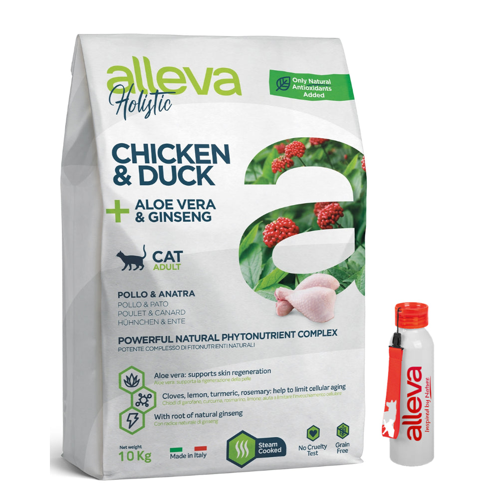 Pakiet Alleva Holistic Sucha Karma Dla Dorosłych Kotów Z Kurczakiem I Kaczką Z Dodatkiem Aloesu I Korzenia Żeń-szenia 10 kg + Bidon GRATIS!