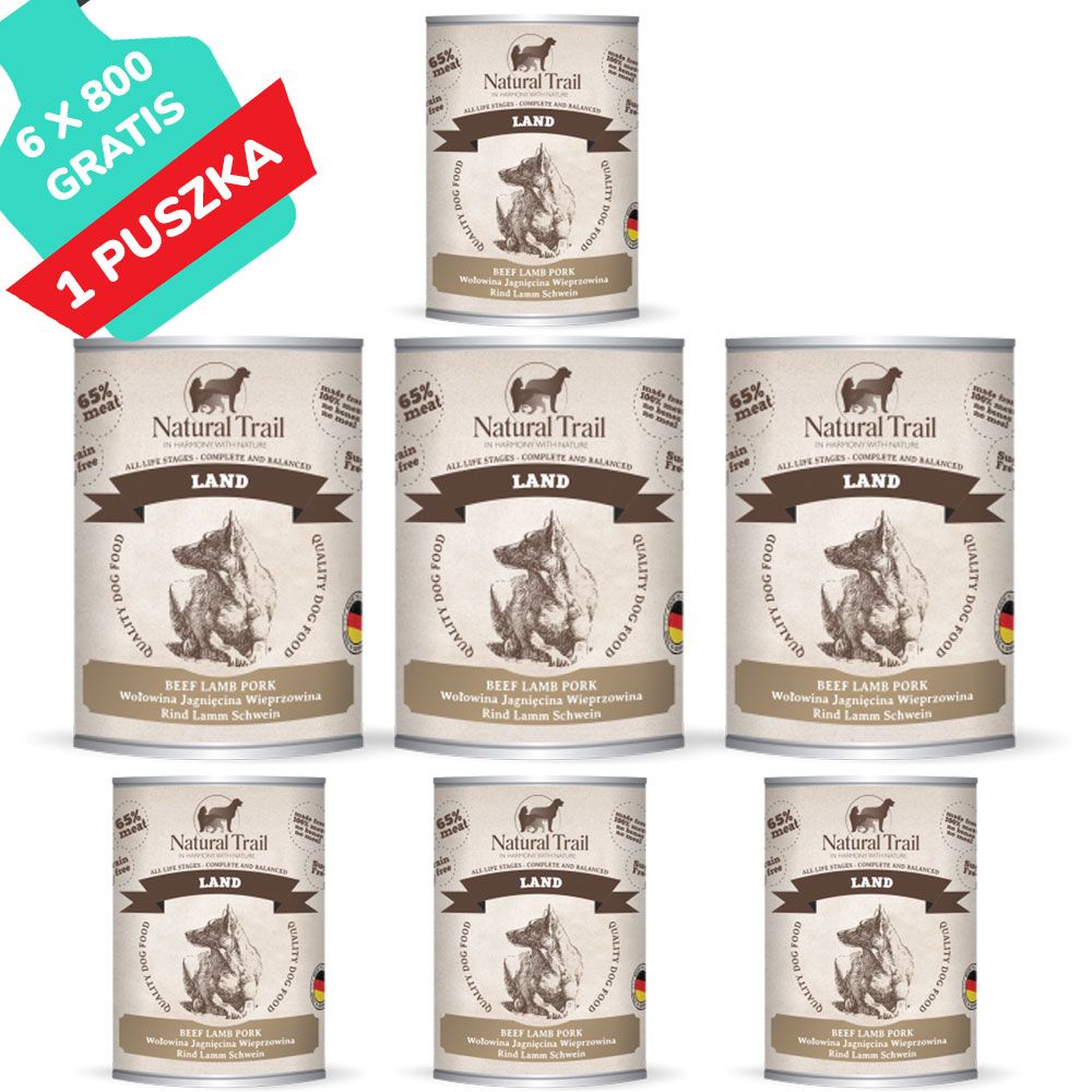 Natural Trail Land Z Wołowiną, Jagnięciną i Wieprzowiną Bezzbożowa Karma Dla Psa 6 x 400 g + 1 gratis