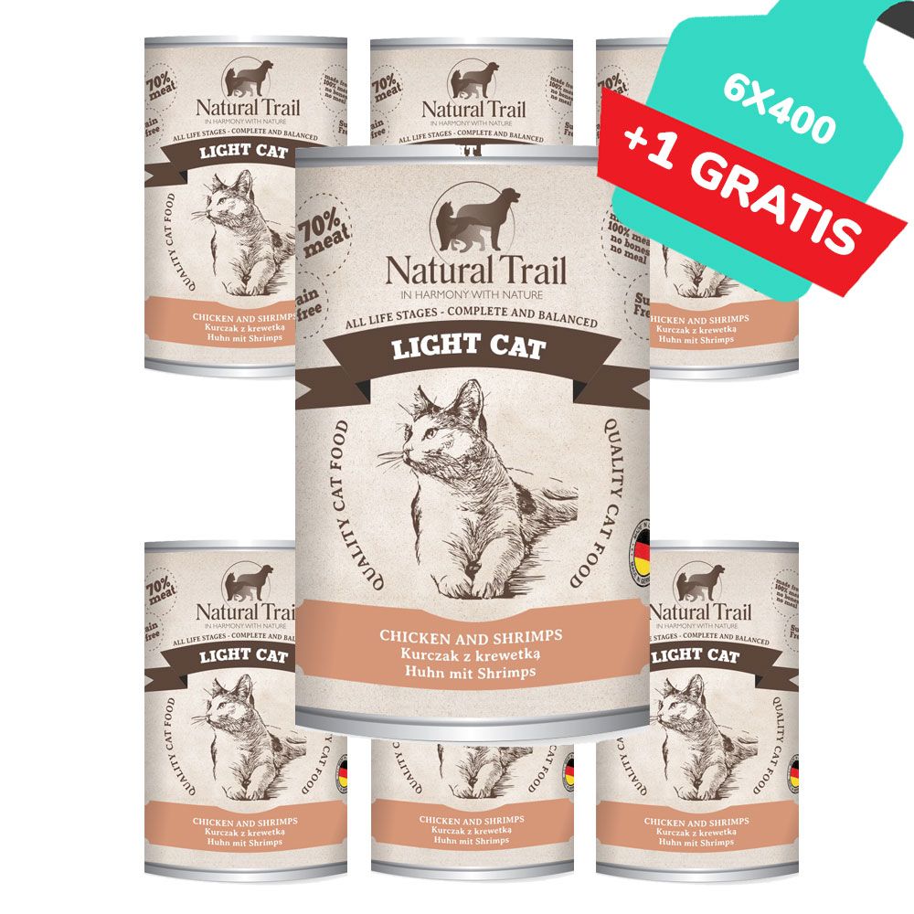 Natural Trail Light Cat Kurczak Krewetki Bezzbożowa Karma Dla Kota 6 x 400 g + 1 gratis