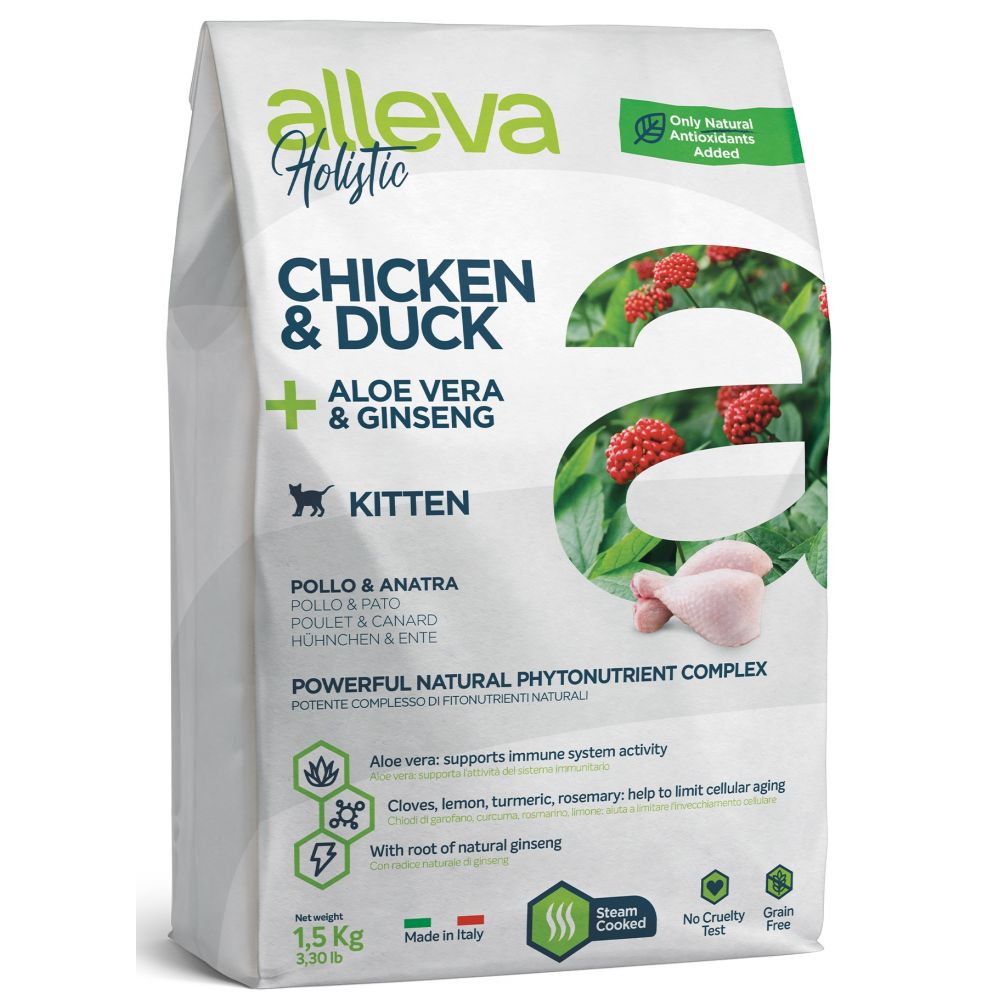 Alleva Holistic Sucha Karma Dla Kociąt, Kotek w Ciąży i Karmiących Z Kurczakiem I Kaczką Z Dodatkiem Aloesu I Korzenia Żeń-szenia 1,5 kg