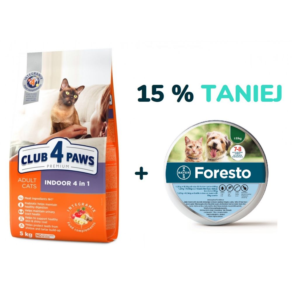 Pakiet Club 4 Paws Indoor 4w1 14 kg + Foresto dla Kota Poniżej 8 kg 15% TANIEJ