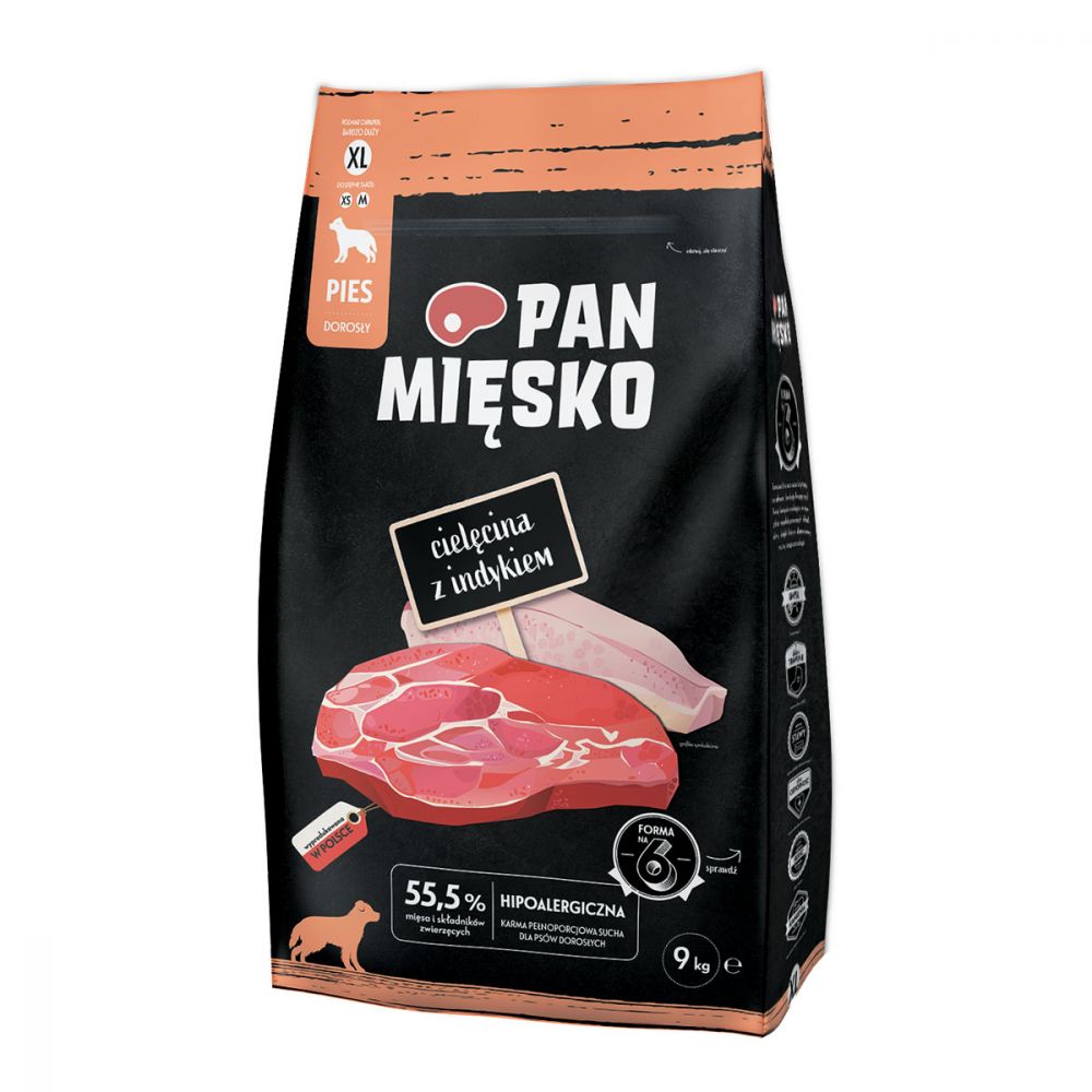 Pan Mięsko Karma Sucha Dla Dorosłych Psów Cielęcina z Indykiem Rozmiar XL 9 kg