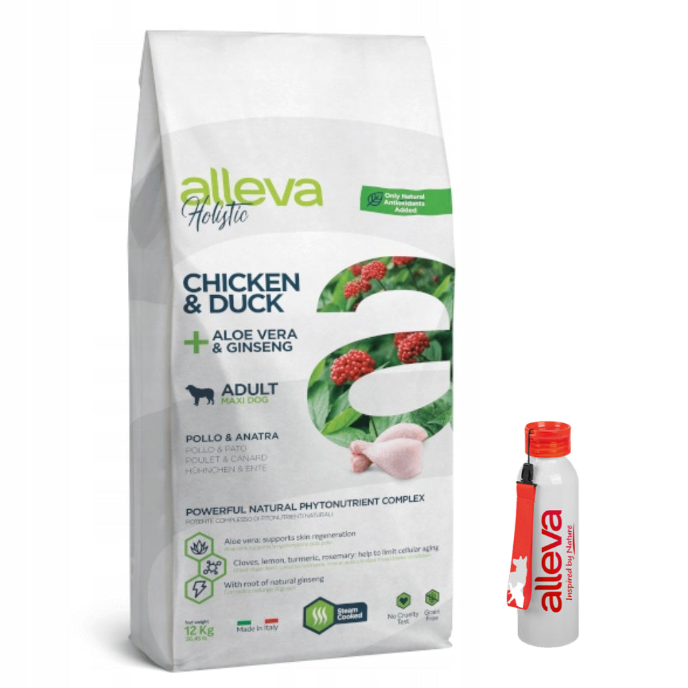 Pakiet Alleva Holistic Sucha Kama Dla Dorosłych Psów Dużych Ras Z Kurczakiem I Kaczką Z Dodatkiem Aloesu I Korzenia Żeń-szenia 12 kg + Bidon GRATIS!