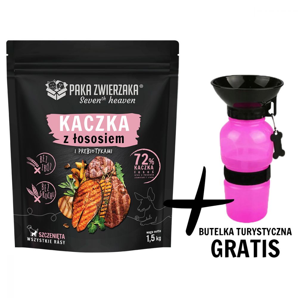 Pakiet Paka Zwierzaka Seventh Heaven Duck&Salmon Sucha Karma Dla Szczeniąt Kaczka Z Łososiem 1,5 kg + Butelka Turystyczna GRATIS!