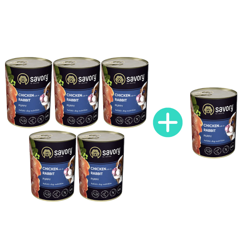 Pakiet Savory Dog Puppy Rabbit Karma Mokra Dla Szczeniąt Psów Wszystkich Ras z Królikiem i Kurczakiem 5 x 400 g + 1 Puszka Gratis!