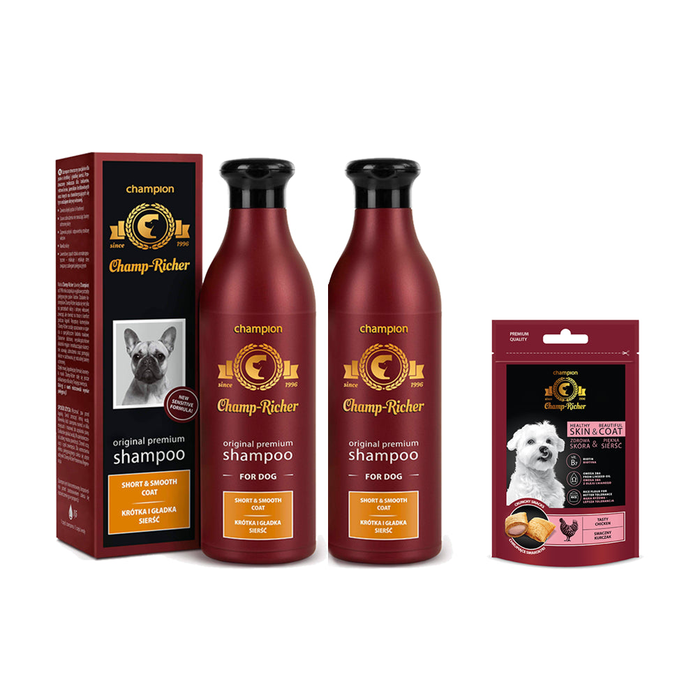 Pakiet Champ - Richer Szampon dla Psów o Sierści Krótkiej i Gładkiej 2 x 250 ml + Smakołyk Champ - Richer GRATIS!