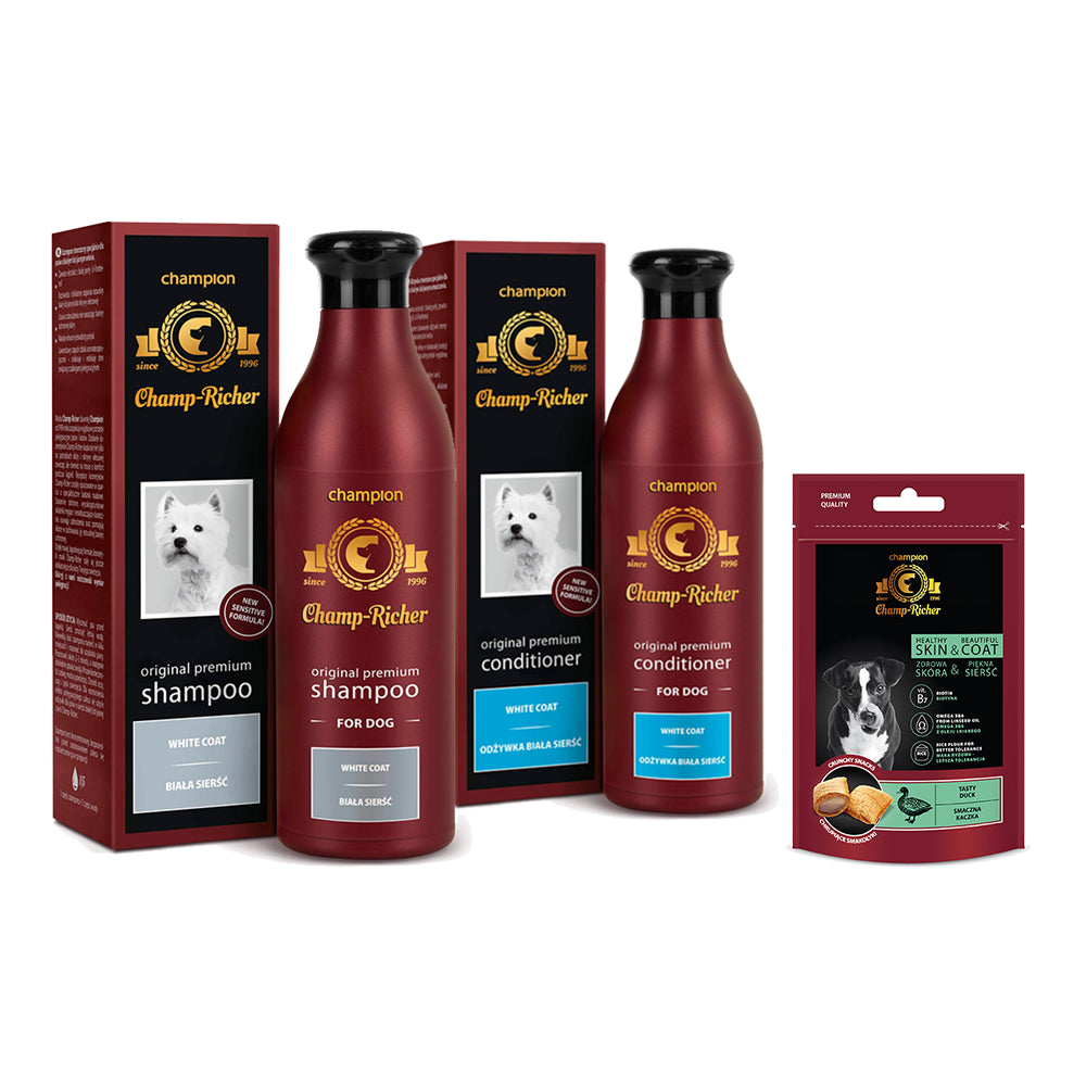 Pakiet Champ - Richer Szampon i Odżywka dla Psów o Białej i Jasnej Sierści 2 x 250 ml + Smakołyk Champ - Richer GRATIS!