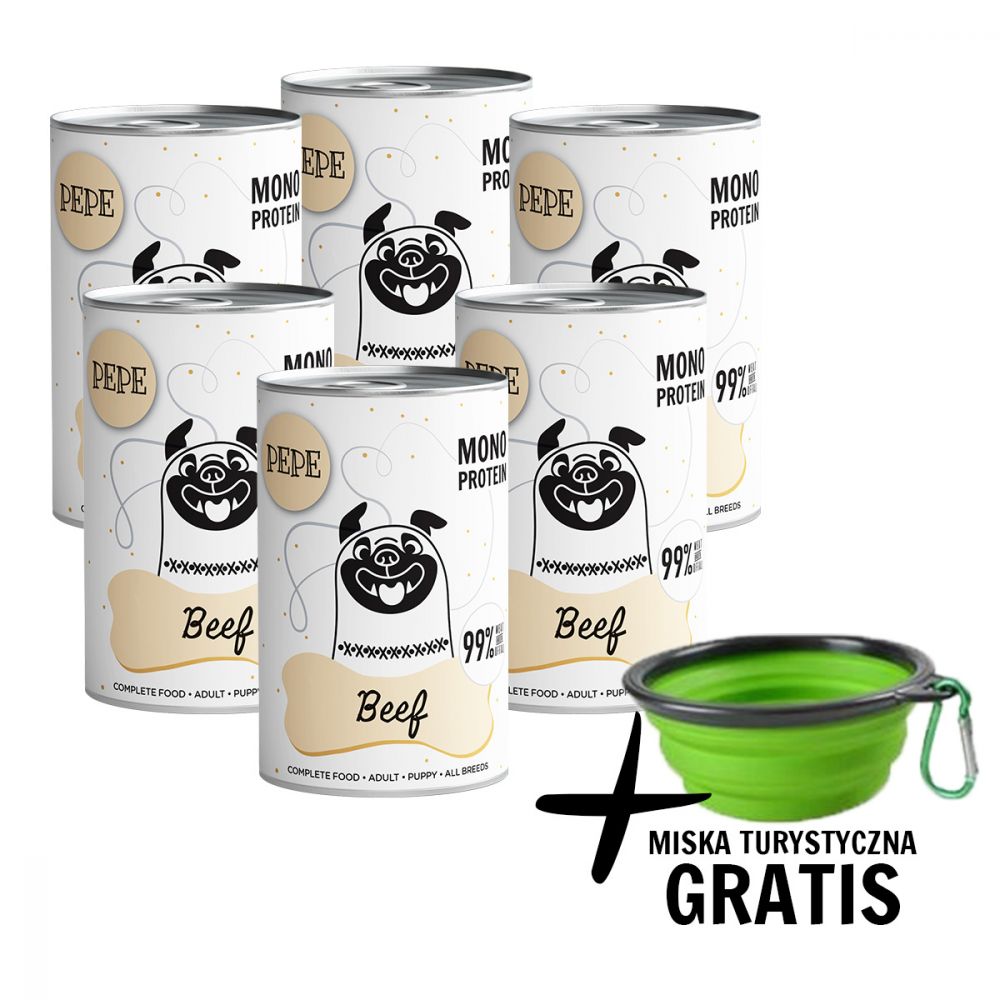 Pakiet Paka Zwierzaka Pepe Monoproteinowa Karma Dla Psa Wołowina 6 x 400 g + Miska Turystyczna GRATIS!