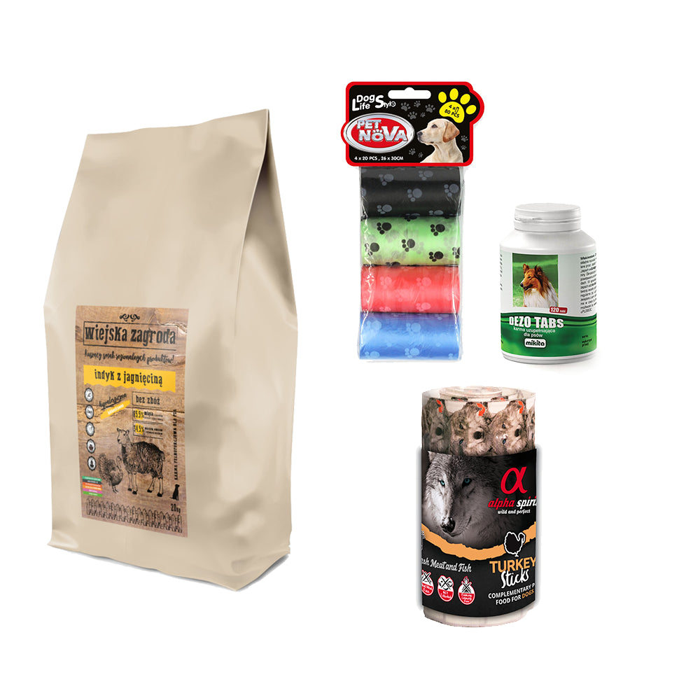 Pakiet Wiejska Zagroda Indyk z Jagnięciną 20 kg + 3 GRATISY - Dezo Tabs, Kolorowe Woreczki, Przysmak