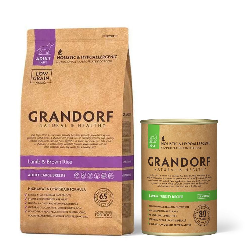 Pakiet Grandorf Lamb & Brown Rice Adult Large Breeds Karma Dla Dorosłych Psów Dużych Ras 3 kg + 1 x Grandorf Lamb & Turkey Mokra Karma Dla Psa Jagnięcina, Indyk 400 g GRATIS!