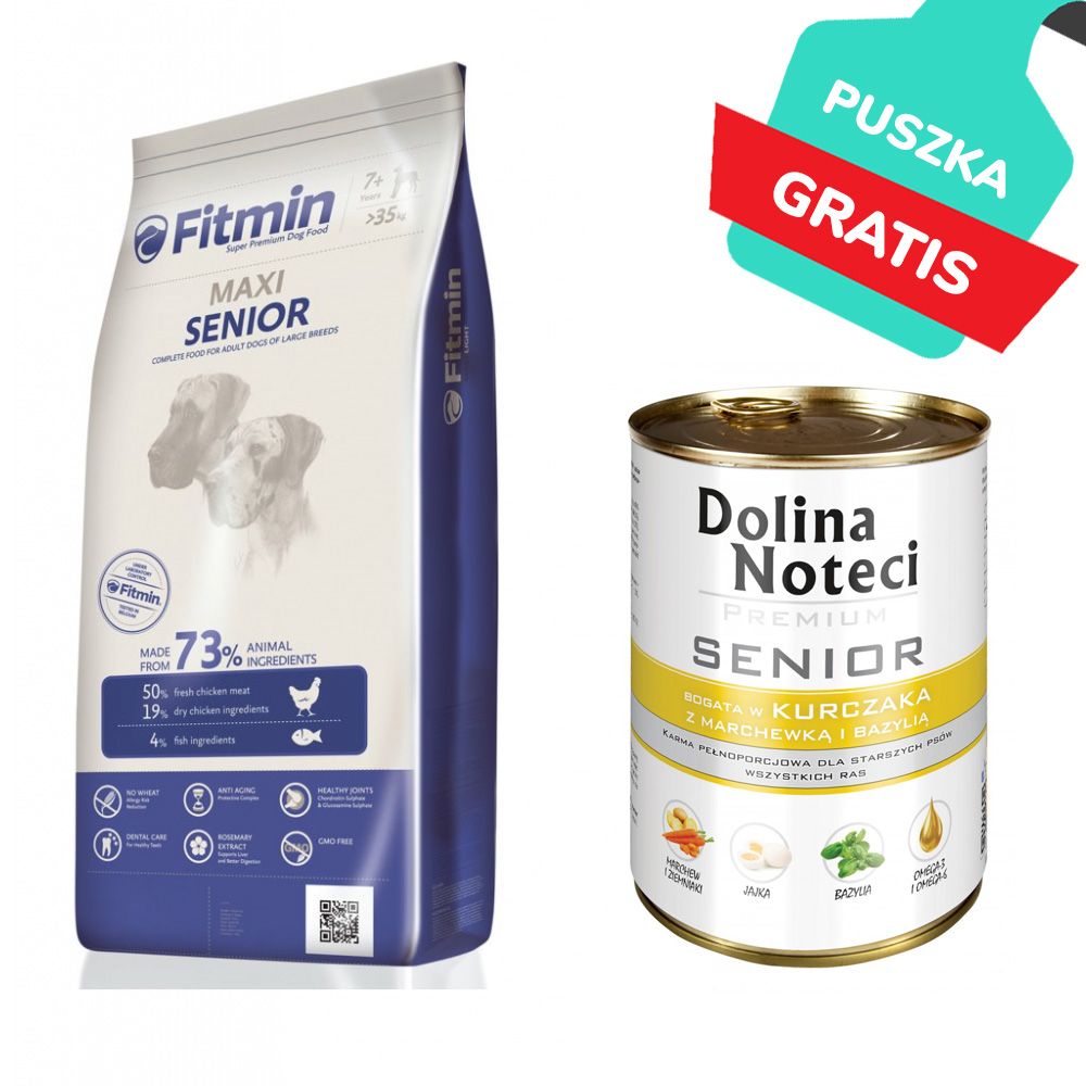 Pakiet Fitmin Maxi Senior 15 kg + Dolina Noteci Senior Z Kurczakiem, Bazylią i Marchewką 400 g GRATIS !
