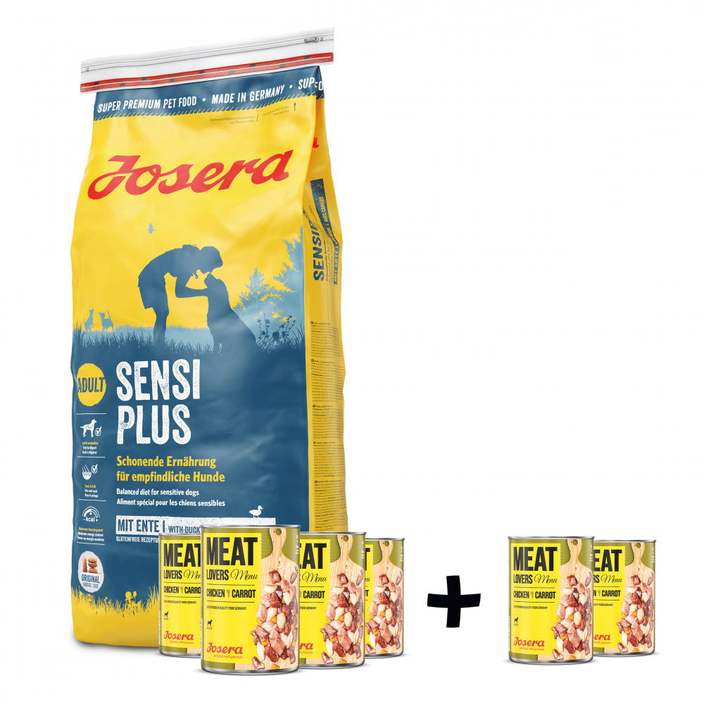 Pakiet Josera SensiPlus Wrażliwy Żołądek Kaczka 15 kg, 4 x Josera MeatLovers Kurczak z Marchewką + 2 x Josera MeatLovers Kurczak z Marchewką GRATIS!