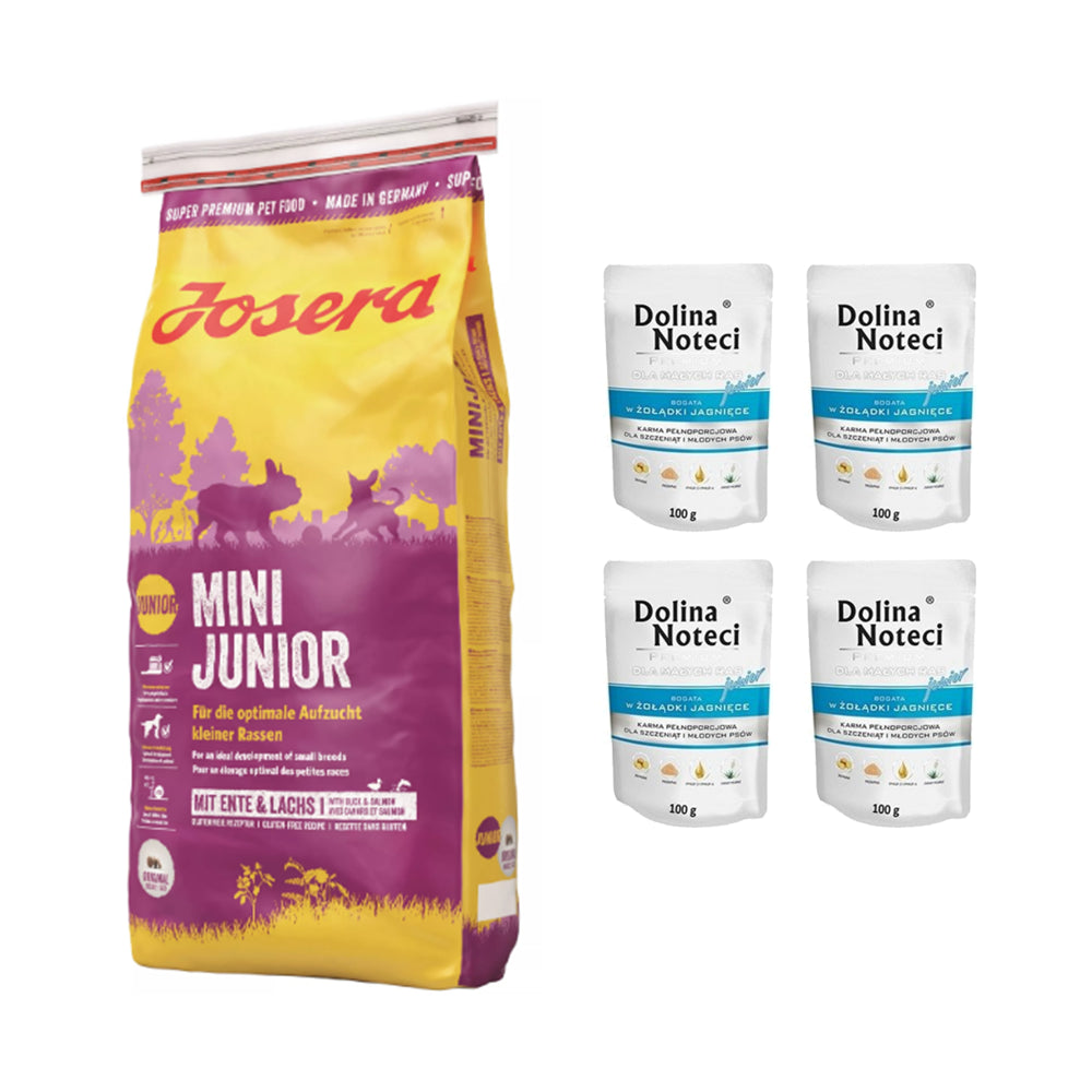 Pakiet Josera MiniJunior 15 KG + 4 saszetki Doliny Noteci Junior dla Małych Ras z Żołądkami Jagnięcymi 100G GRATIS!