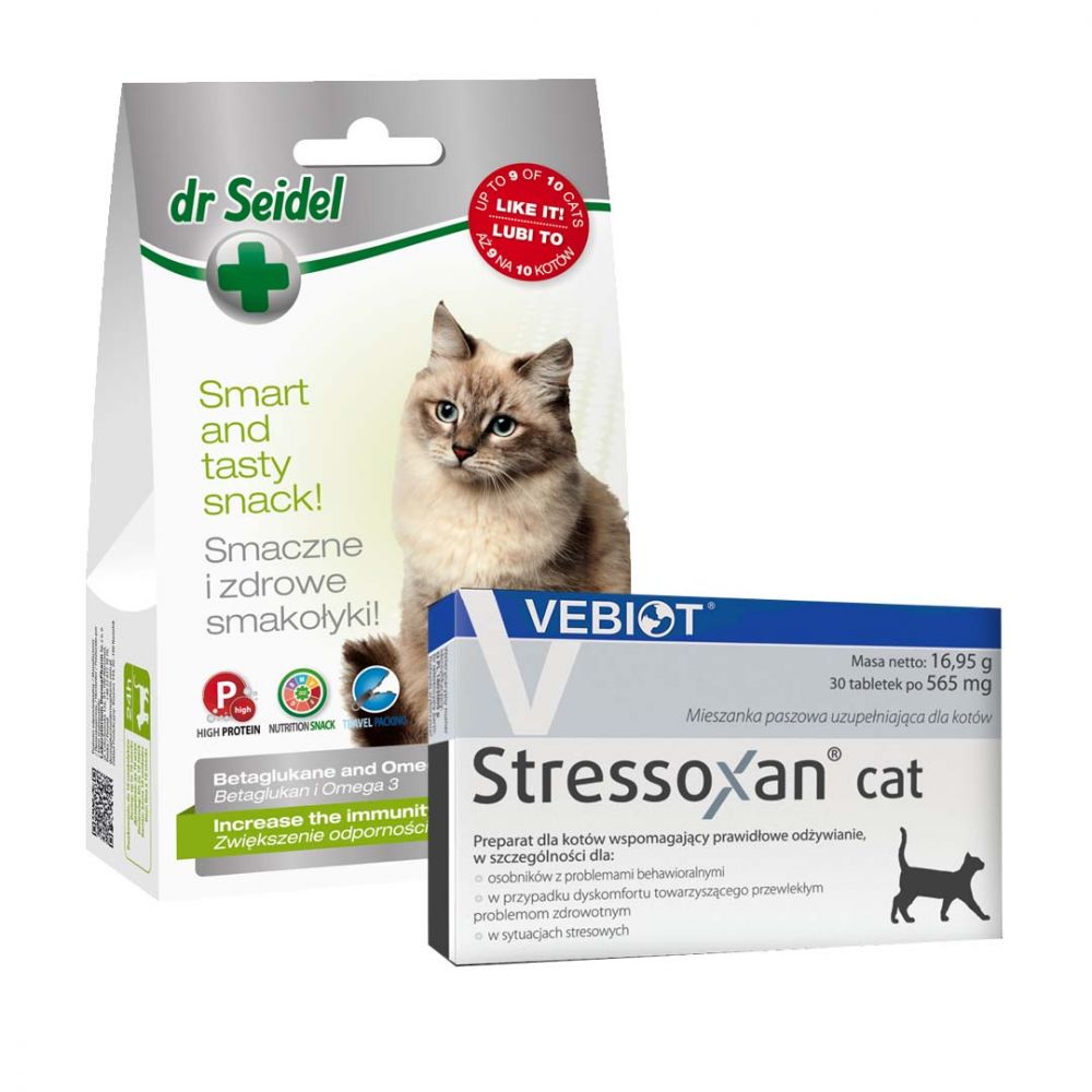 Pakiet Stressoxan Cat Preparat Dla Kotów z Problemami Behawioralnymi 30 Tabletek + Dr Seidel Smakołyki Zwiększenie Odporności dla Kota 50 g GRATIS!
