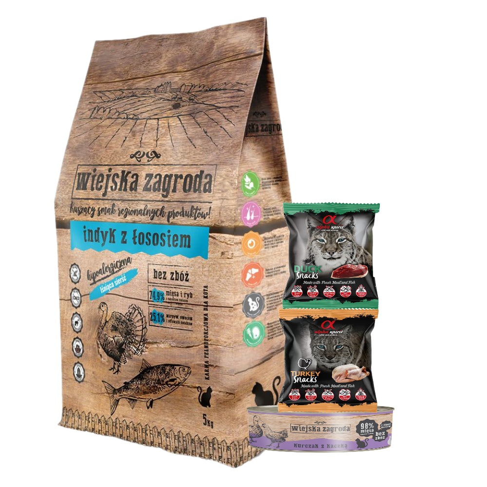 Pakiet Wiejska Zagroda Indyk z Łososiem dla Kota 5 kg + 3 GRATISY Karma Mokra, Przysmak
