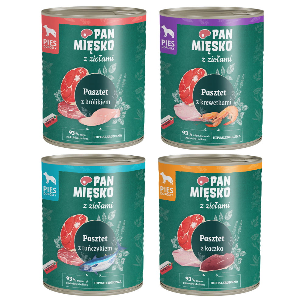 Pakiet Pan Mięsko Mokra Karma Dla Dorosłych Psów Pasztet z Ziołami Mix Smaków 4 x 800 g