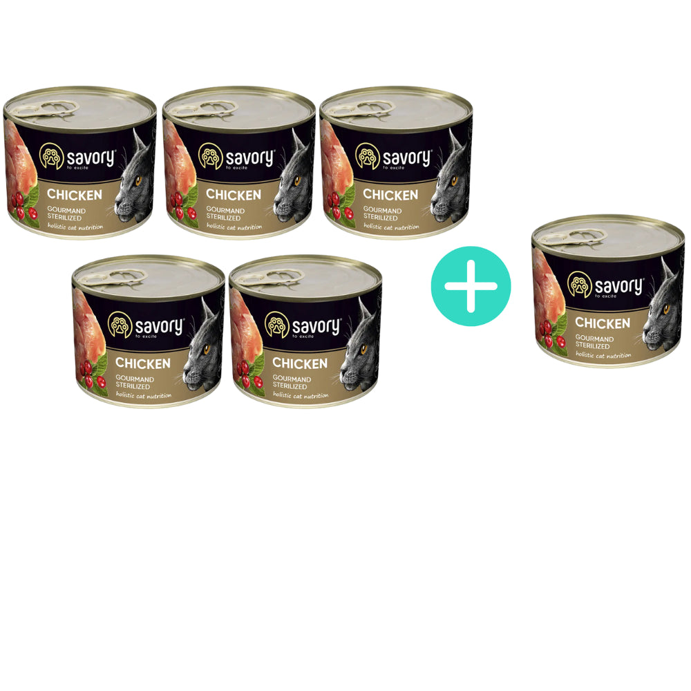 Pakiet Savory Cat Adult Sterilised Chicken Karma Mokra Dla Dorosłych Kotów Po Sterylizacji i Kastracji z Kurczakiem 5 x 200 g + 1 Puszka GRATIS!