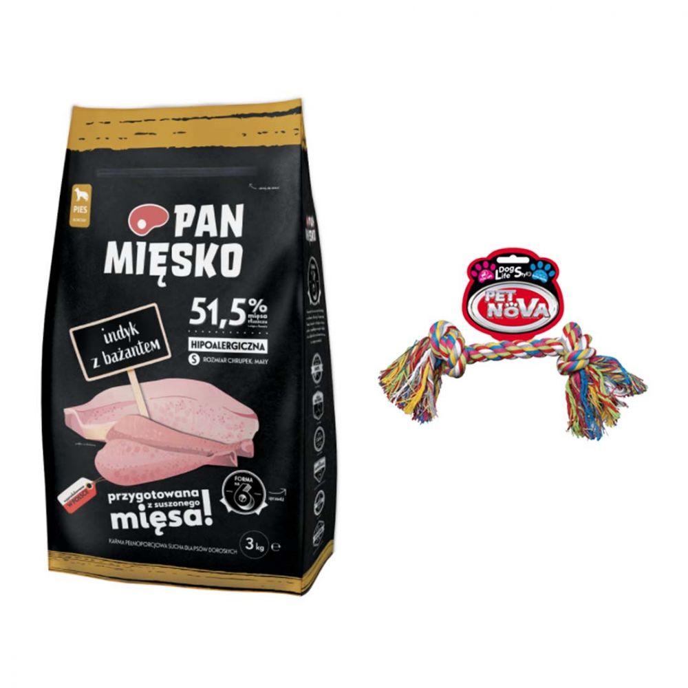 Pakiet Pan Mięsko Karma Sucha Dla Dorosłych Psów Indyk Z Bażantem Rozmiar S 3 kg + Zabawka