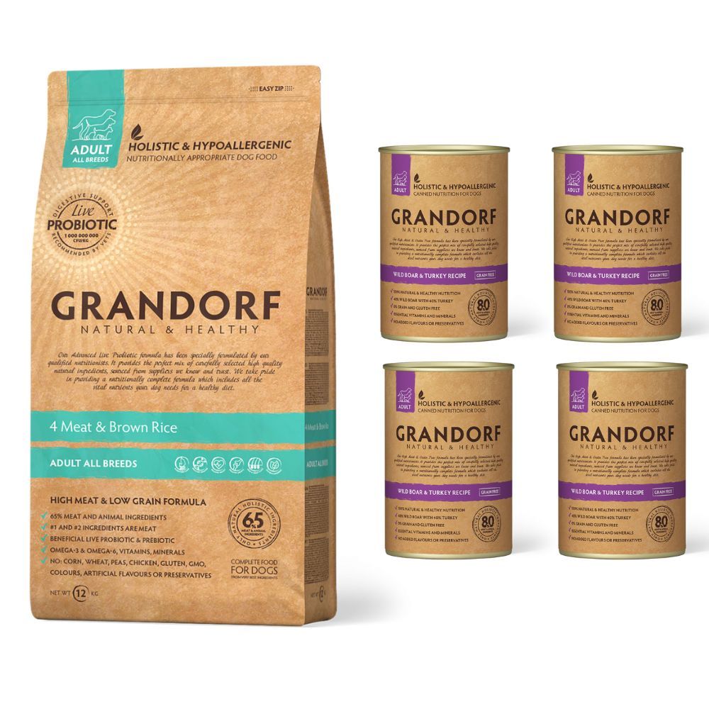 Pakiet Grandorf 4 Meat & Brown Rice Adult All Breeds Karma Dla Dorosłych Psów Wszystkich Ras 12 kg + 4 x Grandorf Wild Board & Turkey Mokra Karma Dla Psów Dzik, Indyk 400 g GRATIS!