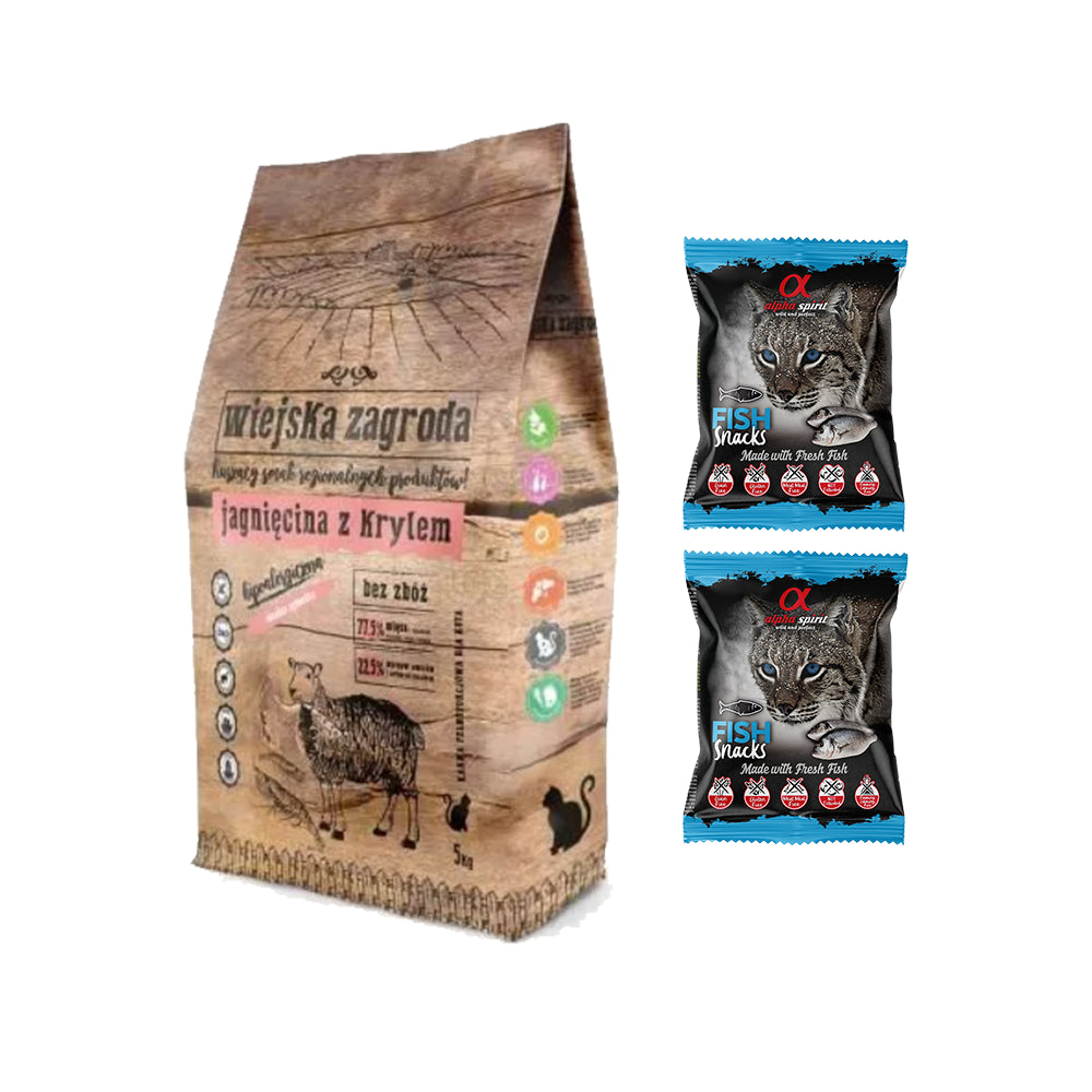 Pakiet Wiejska Zagroda Jagnięcina z Krylem dla Kota 5 kg + Przysmaki Alpha Spirit GRATIS!