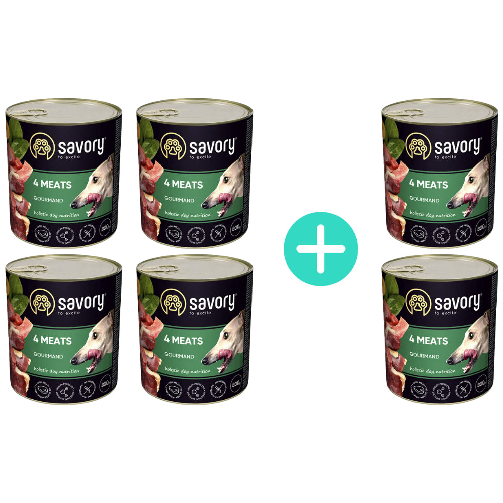 Pakiet Savory Dog Adult 4 Meats Karma Mokra Dla Dorosłych Psów Wszystkich Ras 4 Mięsa 4 x 800 g + 2 Puszki Gratis!