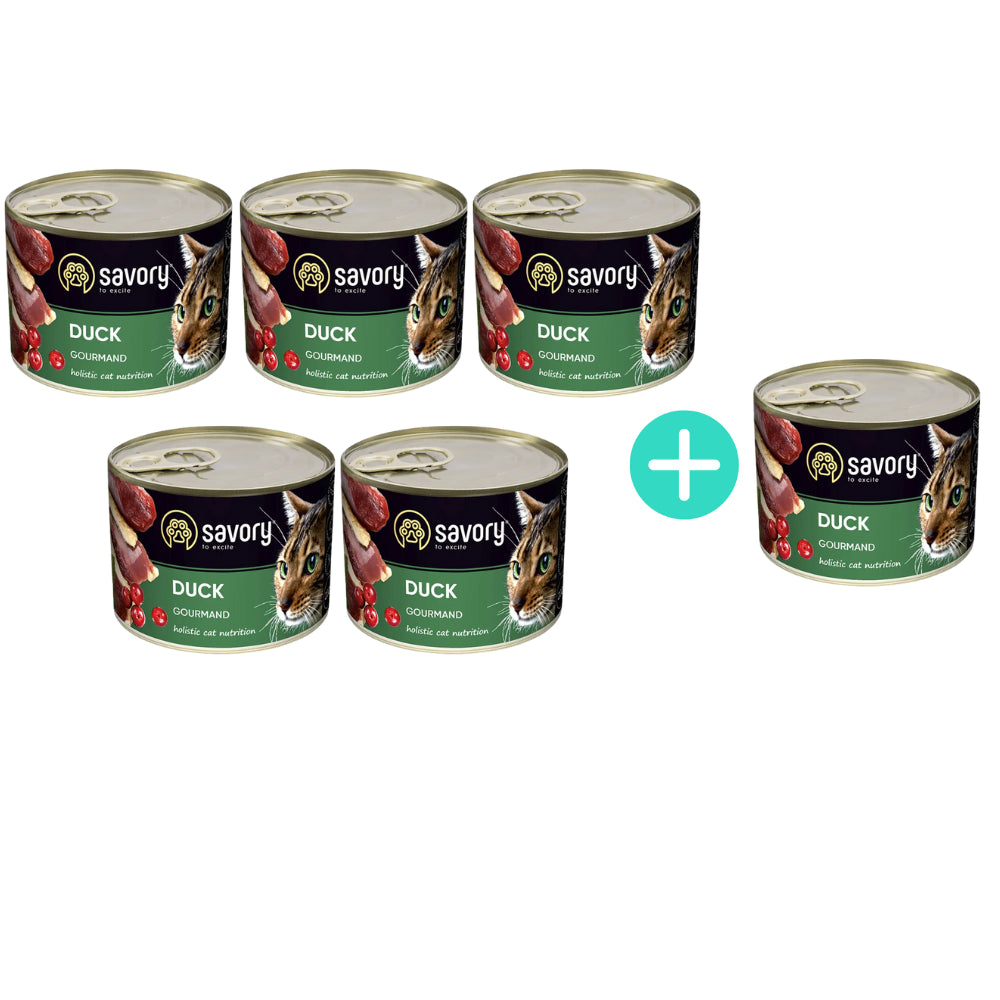 Pakiet Savory Cat Adult Duck Karma Mokra Dla Dorosłych Kotów z Kaczką 5 x 200 g + 1 Puszka GRATIS!