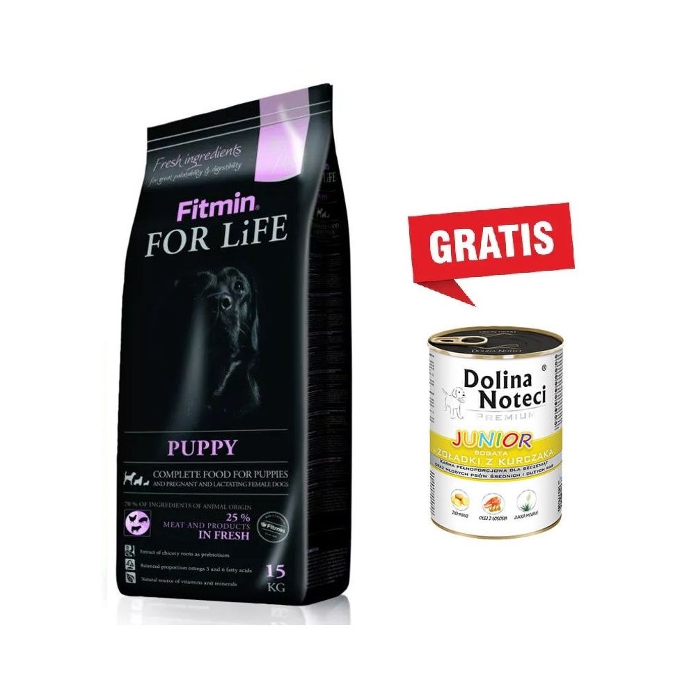 Pakiet Fitmin For Life Puppy 15 kg & Dolina Noteci Junior Żołądki z Kurczaka 400 g GRATIS