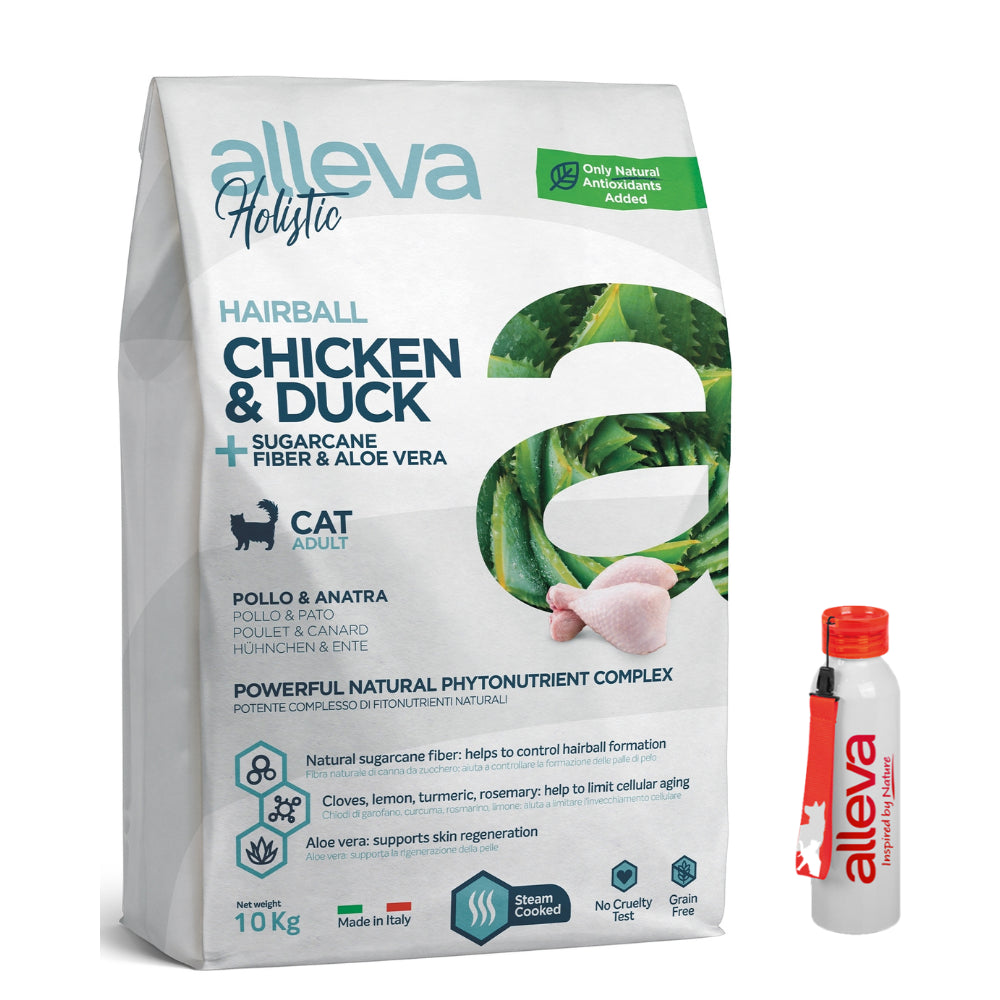 Pakiet Alleva Holistic Sucha Karma Dla Dorosłych Kotów Z Długą Sierścią Lub Z Predyspozycją Do Tworzenia Się Kul Włosowych Z Kurczakiem I Kaczką 10 kg + Bidon GRATIS!