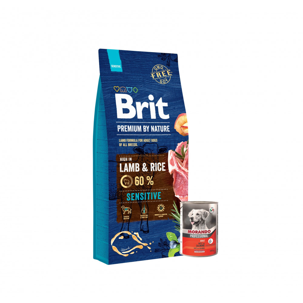 Pakiet Brit Premium By Nature Sensitive Lamb & Rice Jagnięcina & Ryż Karma Dla Dorosłych Psów 15 kg + Morando Pro Mokra Karma Dla Psa Pasztet Z Łososiem 400 g