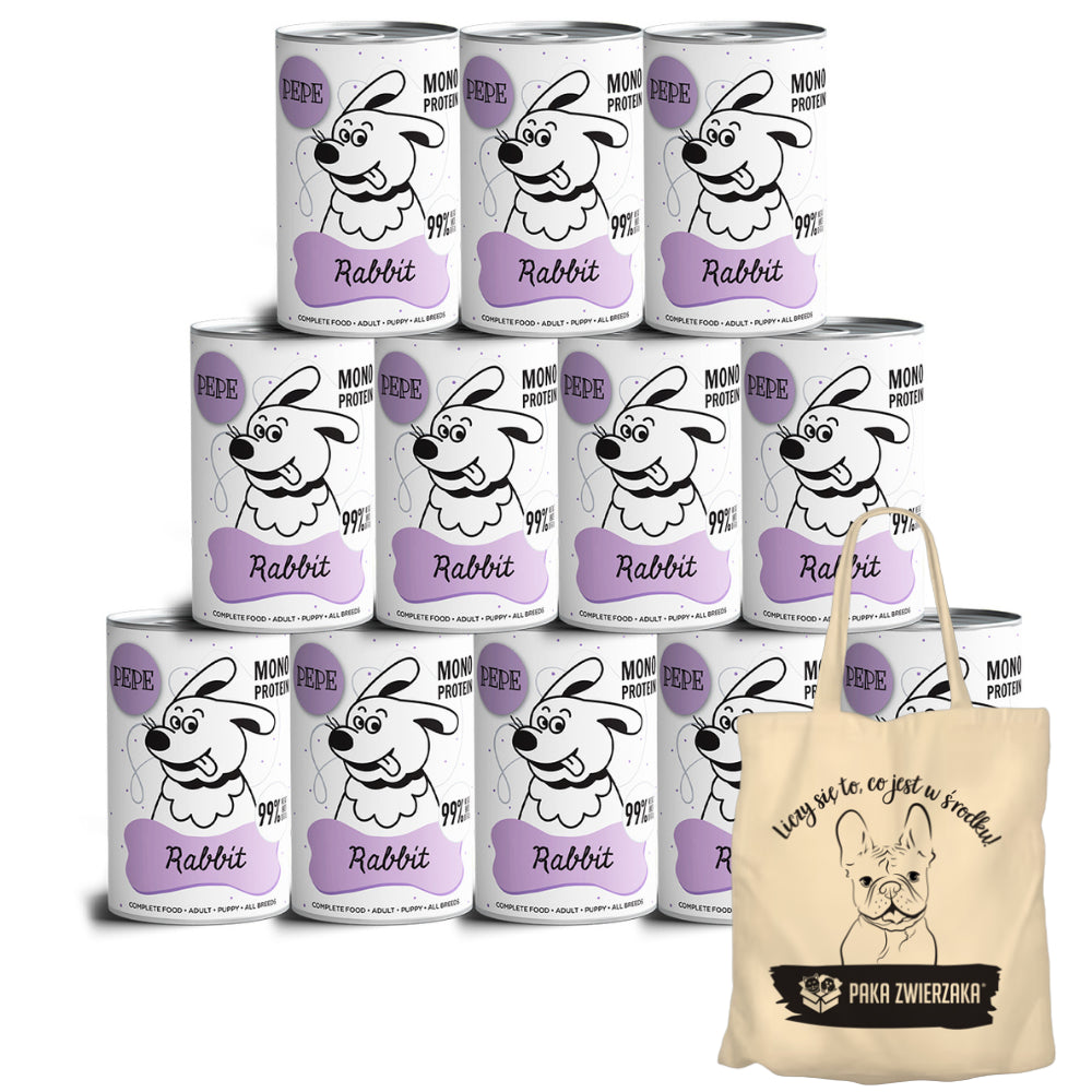 Pakiet Paka Zwierzaka Pepe Monoproteinowa Karma Dla Psa Królik 12 x 400 g + Torba Bawełniana GRATIS!