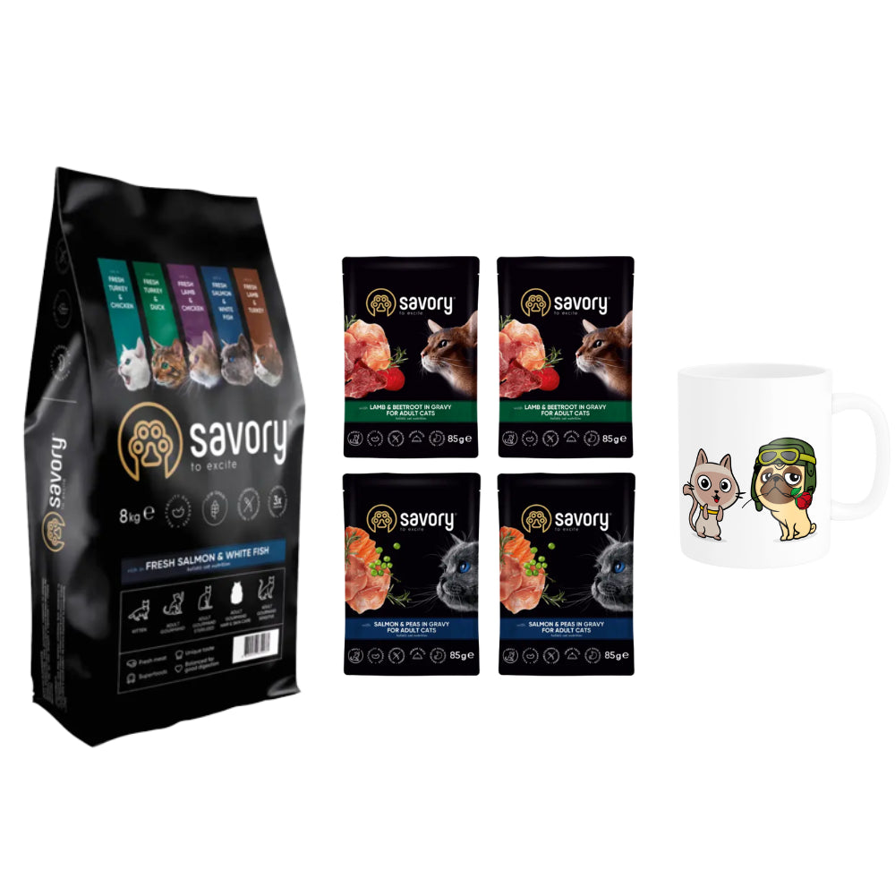 Pakiet Savory Adult Cat Fresh Salmon&White Fish 8 kg + Mokra Karma 4 x 85 g i Kubek Gratis!