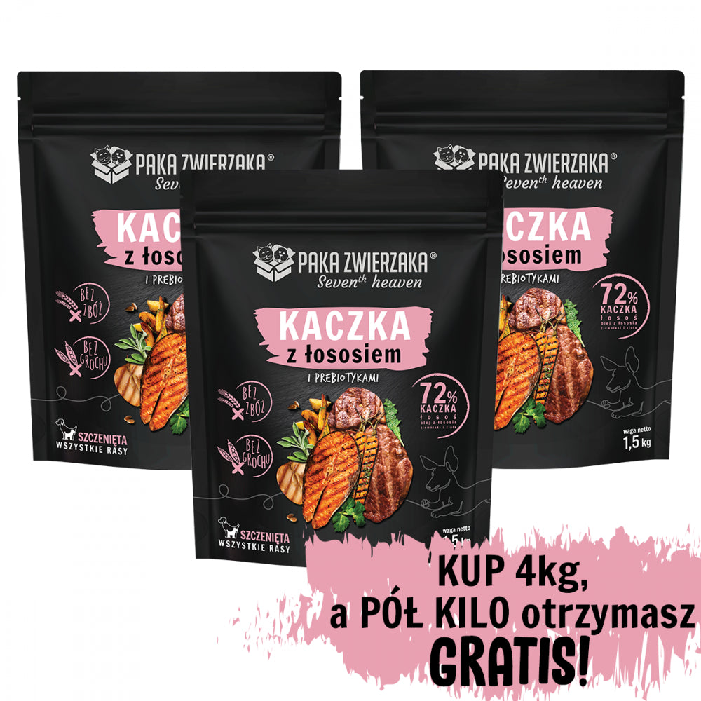 Pakiet Paka Zwierzaka Seventh Heaven Duck&Salmon Dla Szczeniąt 4 kg + 500 g GRATIS!
