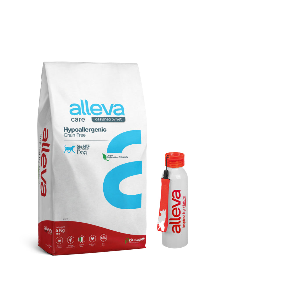 Pakiet Alleva Care Hypoallergenic Grain Free Sucha Karma Dla Psów Na Każdym Etapie Życia Zmniejszająca Nietolerancje Pokarmowe 5 kg + Bidon GRATIS!